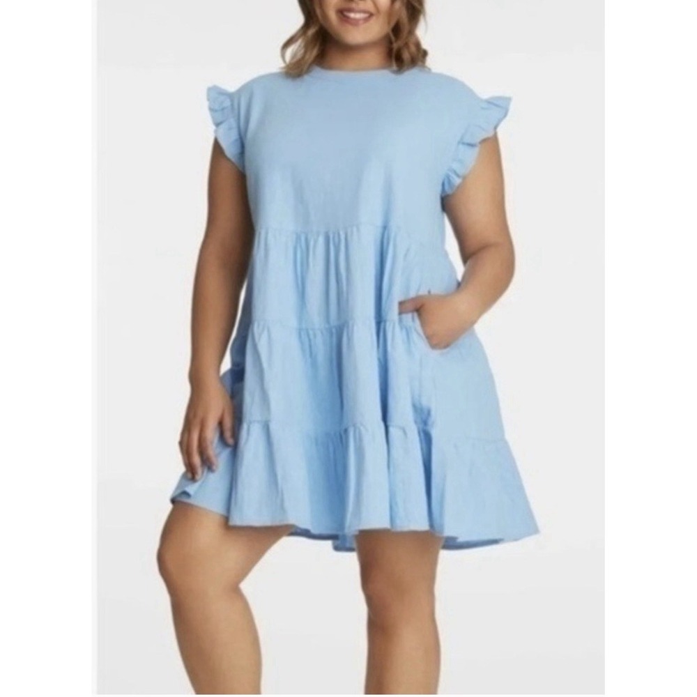 Adyson Parker Soft Sky Linen Blend Tiered Pockets Tunic Dress Blue Size XL NWT